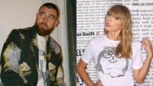 Travis Kelce and Taylor Swift posing.