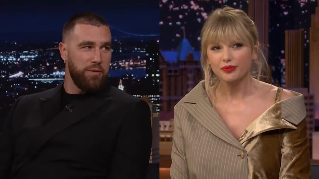 Travis Kelce and Taylor Swift during interviews