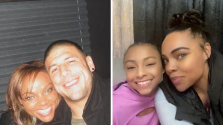 Shayanna Jenkins and Tom Brady's former teammate Aaron Hernandez (left), Shayanna Jenkins with her and Aaron Hernandez's daughter Avielle