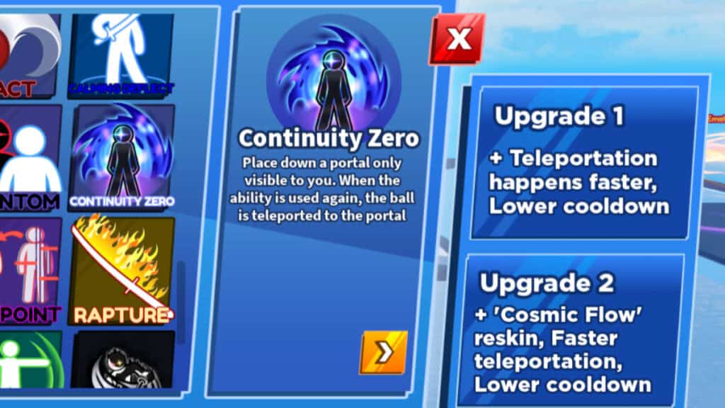 The abilities panel showing Continuity Zero how to use it in Blade Ball