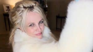 Britney Spears in a white fur coat.