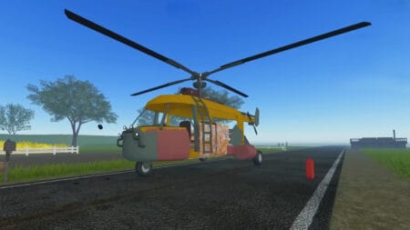 A grounded helicopter in Dusty Trip