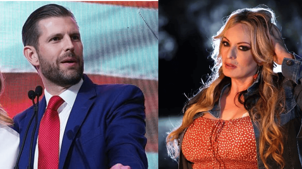 Donald Trump's son Eric Trump and Stormy Daniels amid hush money trial.