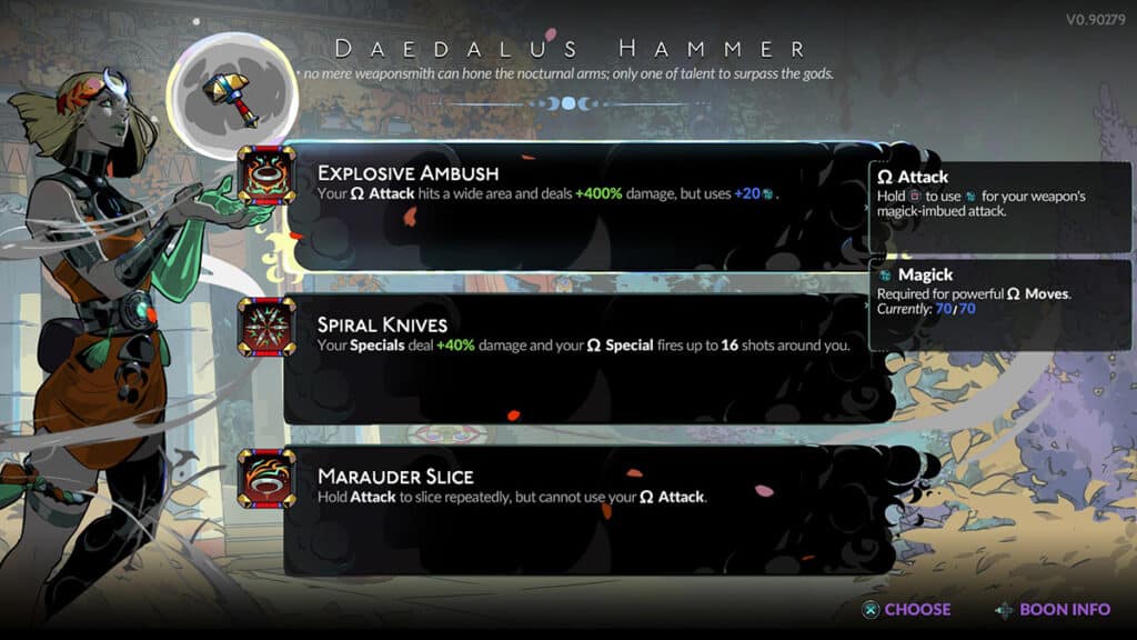L'écran de sélection des aubaines du Marteau de Daedalus dans Hadès 2. 