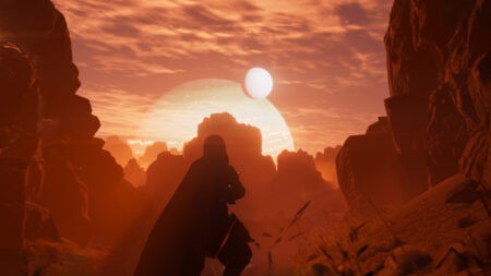 A player watches the sun and moon rise on Hellmire in Helldivers 2
