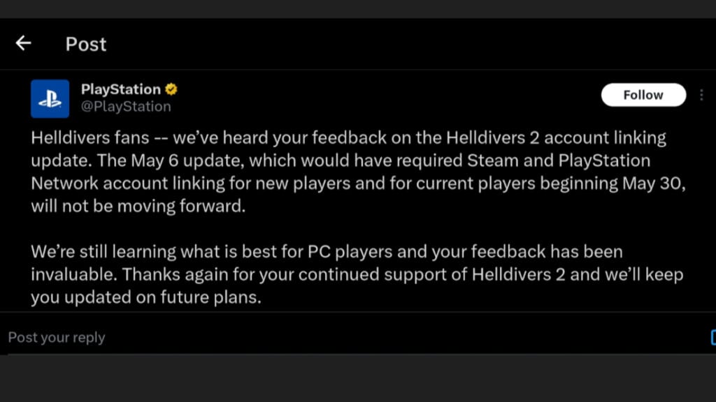 PlayStation's post about the Helldivers 2 drama