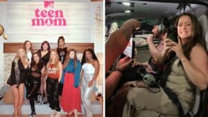 Teen Mom cast (L), Jenelle Evans filming for Teen Mom (R)