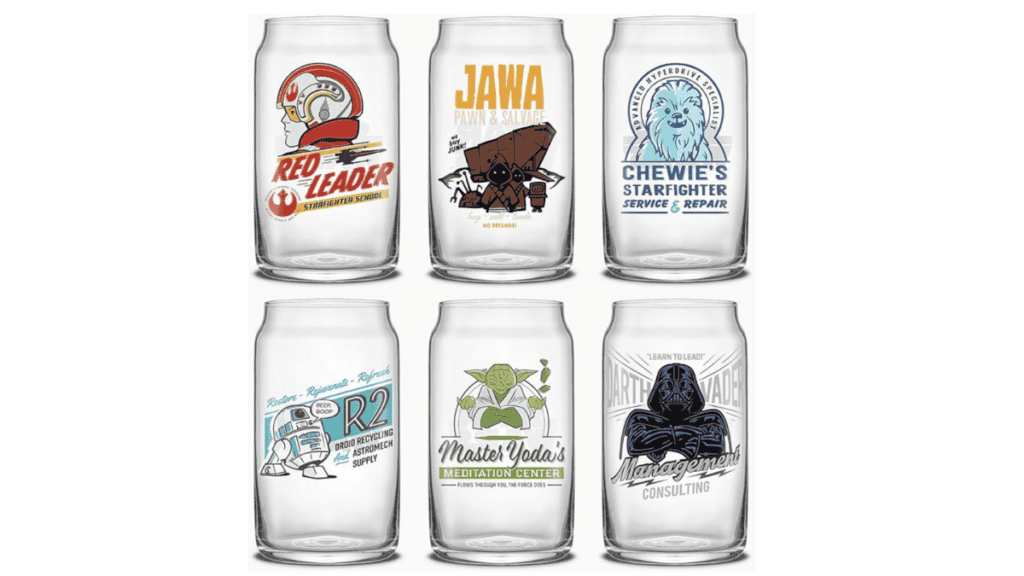 JoyJolt Star Wars Retro Vintage Collection 16.9oz Glass Tumblers - Featuring Darth Vader, R2D2, Yoda, Chewbacca, Red Leader, Jawa - Original Trilogy Drinkware, Glass Tumbler Set of 6 with Glass Straws