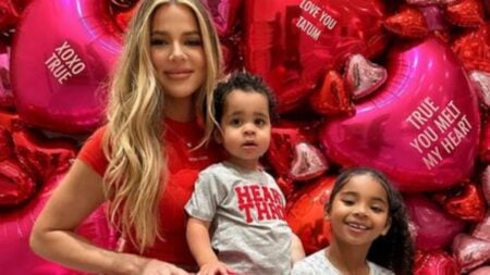 Khloe Kardashian poses with her kids in a Valentine's Day photo.