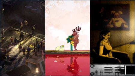 A collage of characters from Spiritfarer, Disco Elysium, and The Cat Lady, three games about mental health
