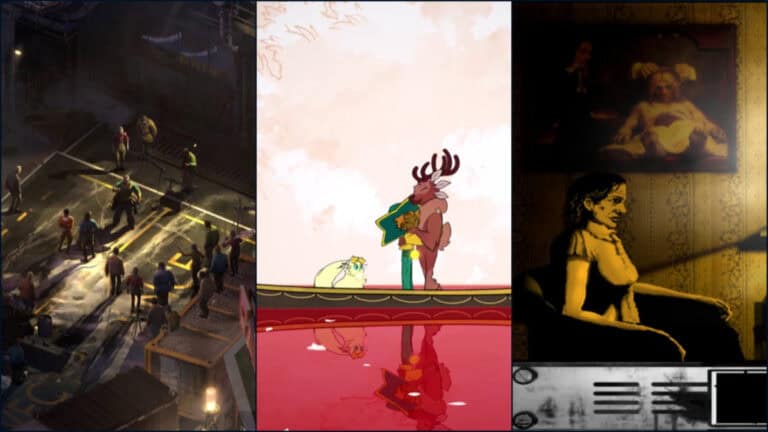 A collage of characters from Spiritfarer, Disco Elysium, and The Cat Lady, three games about mental health