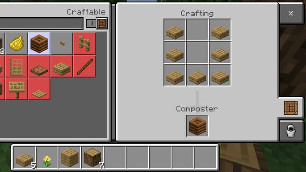 The recipe to get a Composter in Minecraft