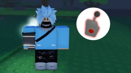 A character stands beside the Strange Controller item in Sols RNG Roblox