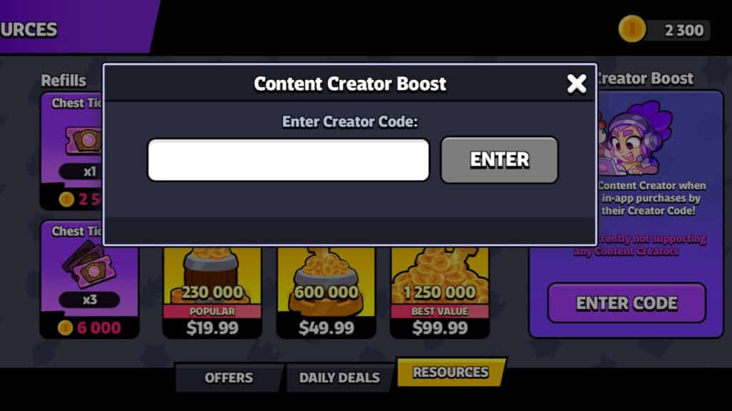 The Creator Code menu in the store in Squad Busters