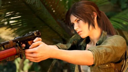 Lara Croft holding a gun