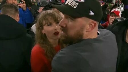 Travis Kelce and Taylor Swift celebrate winning the Super Bowl