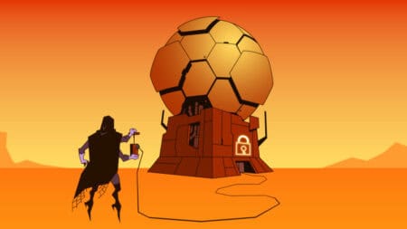 A character prepares to detonate a building on an orange desert world in Wild Bastards