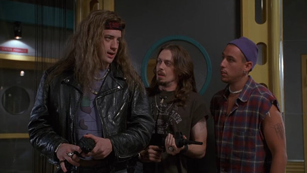 Brendan Fraiser, Steve Buscemi, and Adam Sandler star as struggling wannabe rockstars in Airheads, a 1994 cult classic.