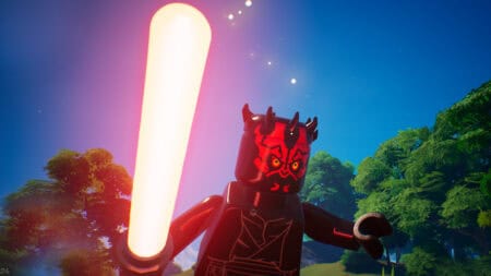 Darth Maul holding a red Lightsaber in his hand in Lego Fortnite to show how to get a Lightsaber