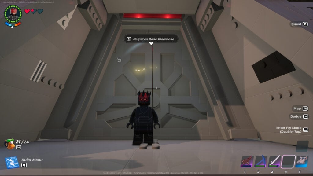 Darth Maul showing how to get code clearance in lego fortnite