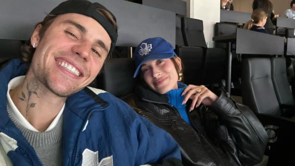Hailey Bieber and husband Justin Bieber at a hockey game.
