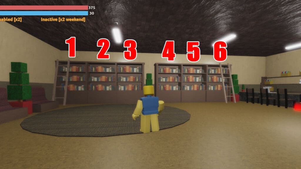 Drücken Sie dann auf die Bücherregale in der Bibliothek für die Roland Spec Quest im Roblox Sakura Stand