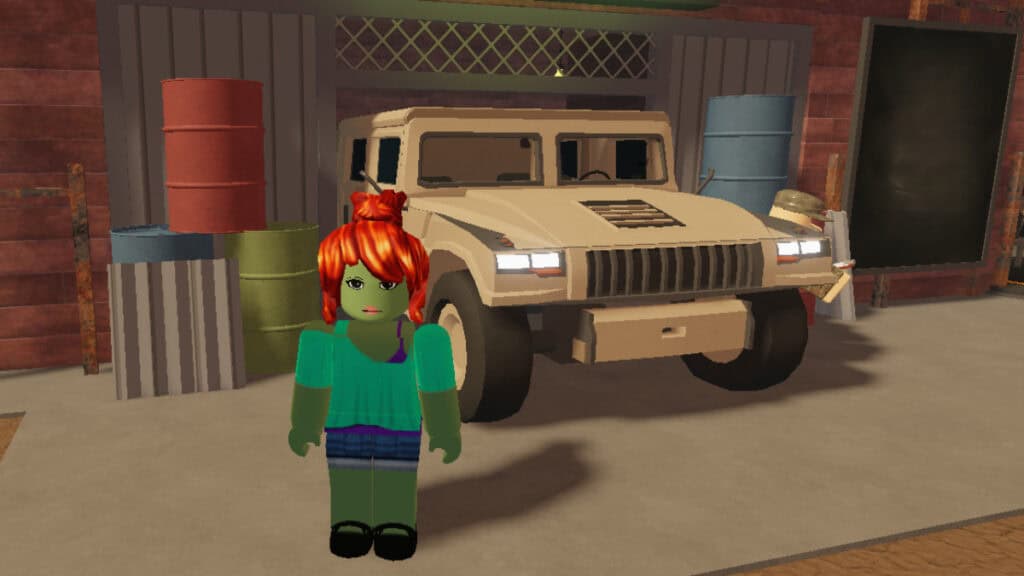 A character stands beside a Humvee in A Dusty Trip