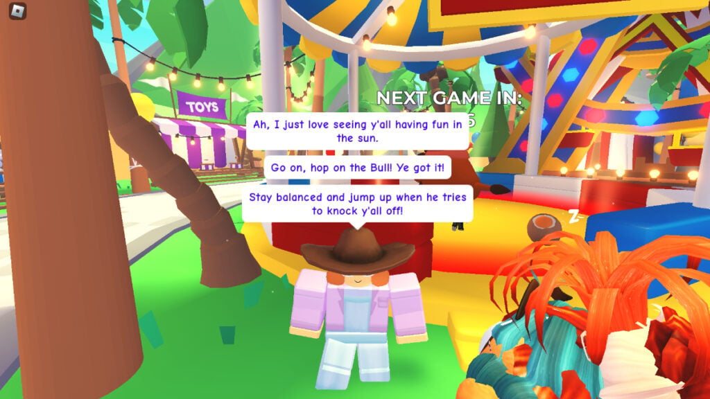 A player talks to the rodeo game attendant in Adopt Me Roblox before getting the Legendary Corn Doggo