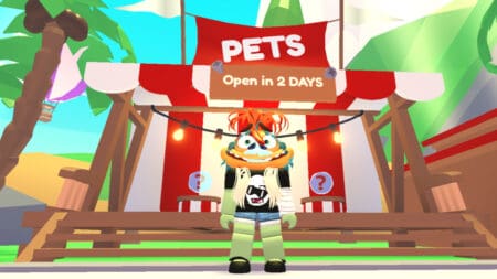 A player stands outside the Pets Tent in Adopt Me