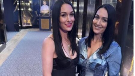 Brie and Nikki Garcia posing backstage before a TV appearance.
