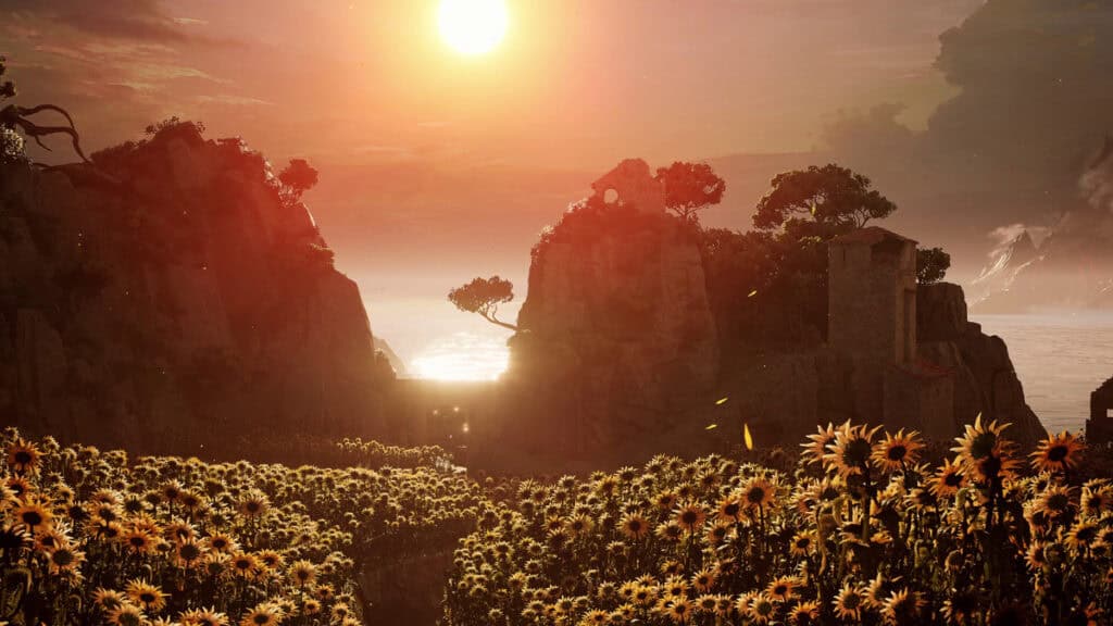 A field of sunflowers with the sun glowing over it in Enotria: The Last Song