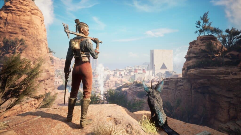 Nor and Enki pose together on a cliff in Flintlock: The Siege of Dawn