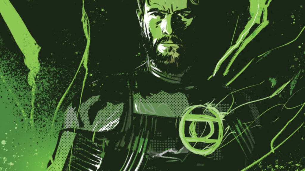 Green Lantern stands before a burst of green energy
