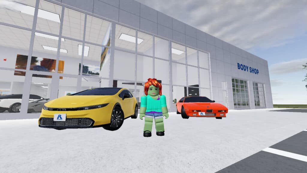 A player stands beside cars at the car dealership in Greenville Roblox