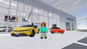A player stands beside cars at the car dealership in Greenville Roblox