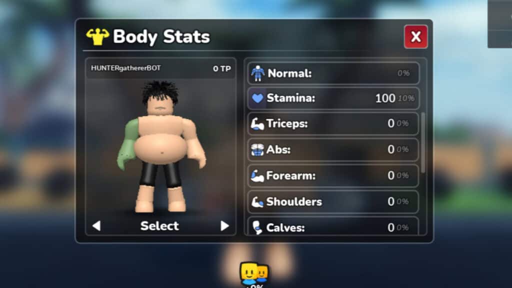 A beginning character's stats in Gym League Roblox