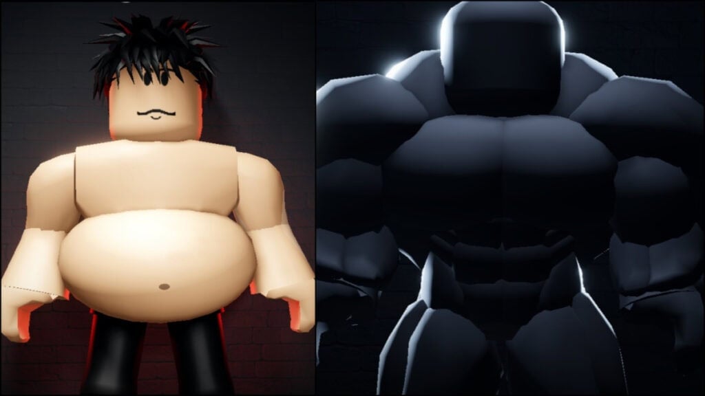 A character's pre- and post-workout body in Gym League Roblox