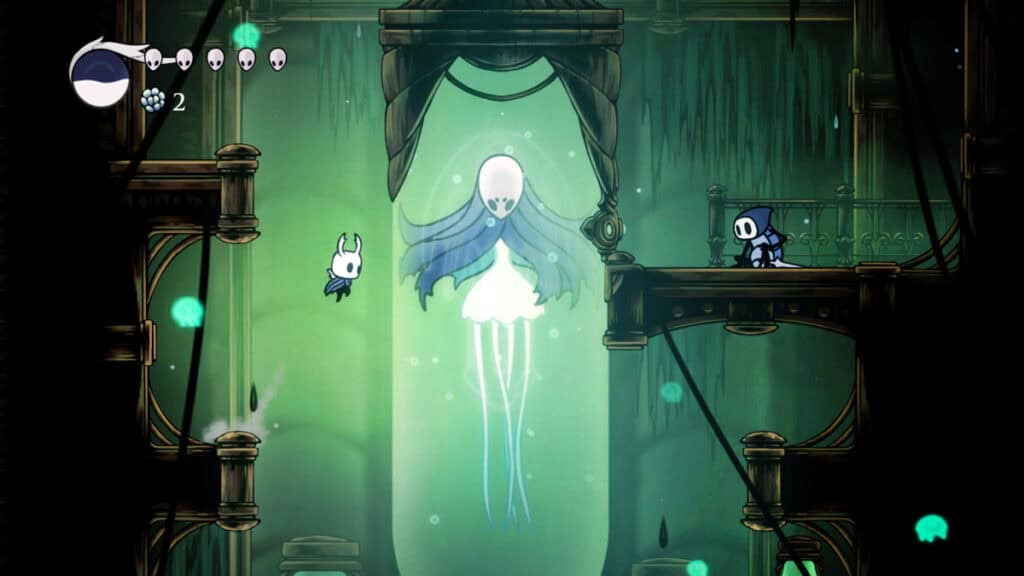 The Knight and a creature in a vat in Hollow Knight