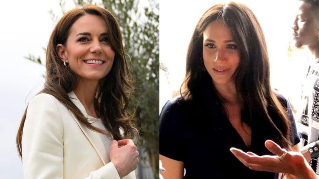 Kate Middleton in a white blazer and Meghan Markle in a black dress