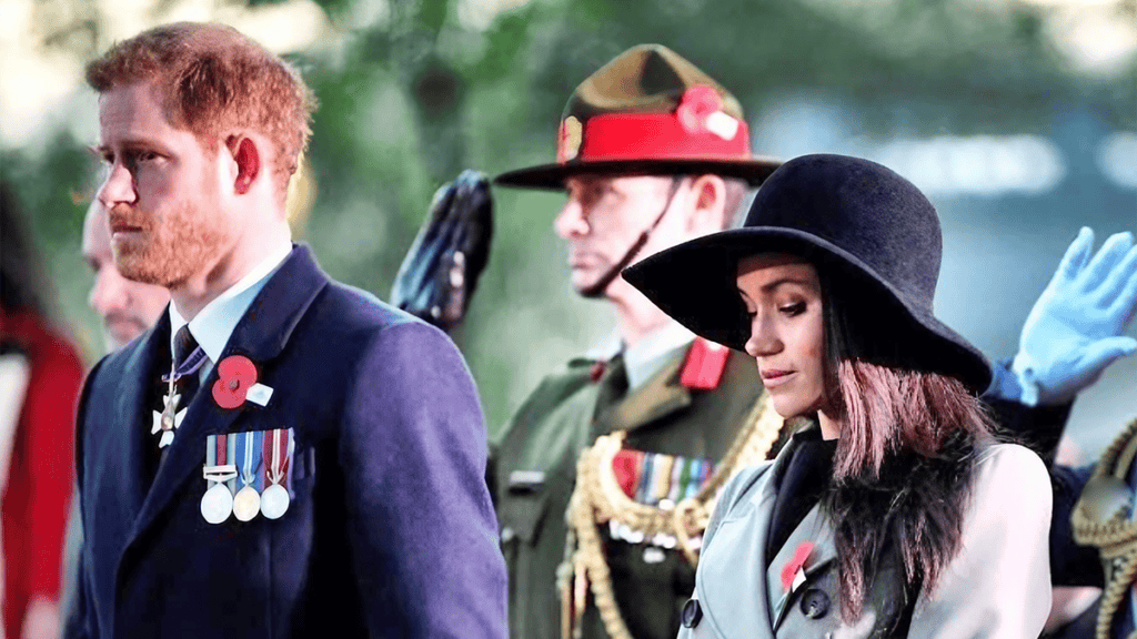 Meghan Markle and Prince Harry Walking with Solemn Demeanors