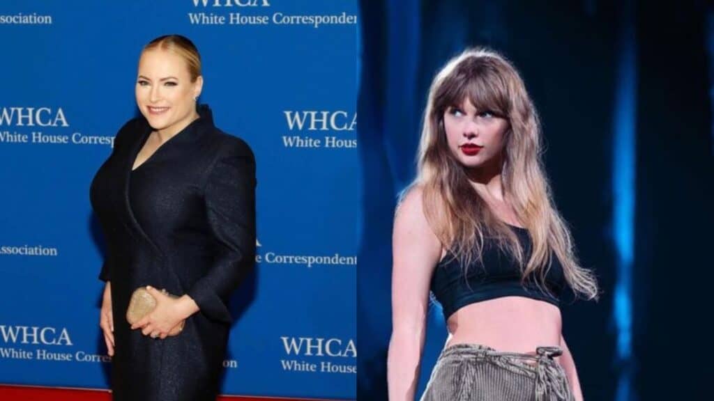 Meghan McCain in a blue dress and Taylor Swift in a bra top and pants
