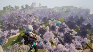 The player looks down upon the Sakurajima cherry trees in Palworld