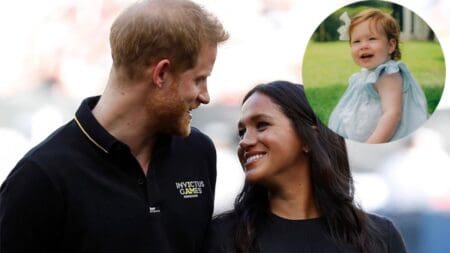 Prince Harry and Meghan Markle, and daughter Princess Lilibeth photo merge