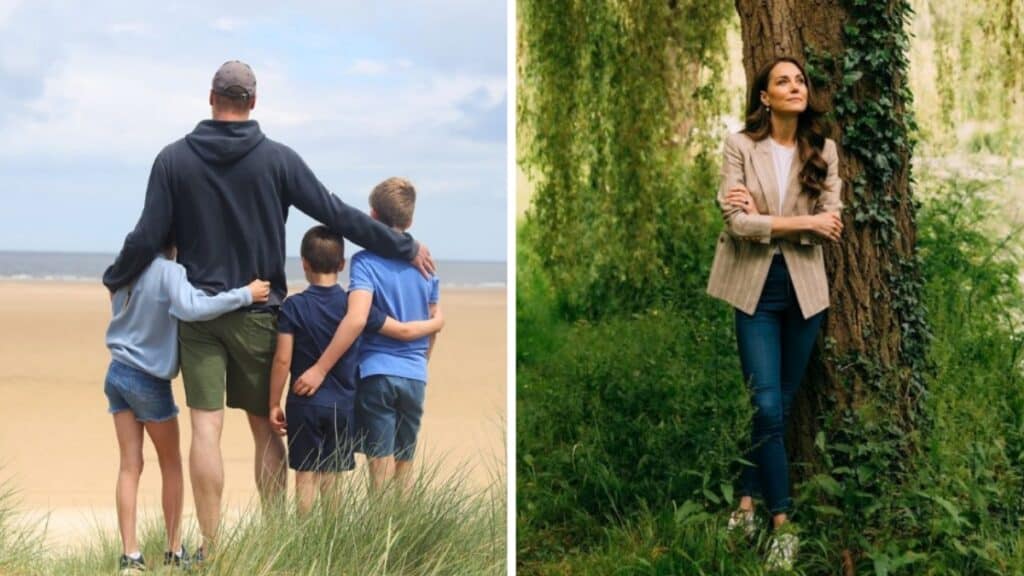 Prince William on the beach with Princess Charlotte, Prince Louis, and Prince George (left), Kate Middleton, Princess of Wales, alone in the woods (right)