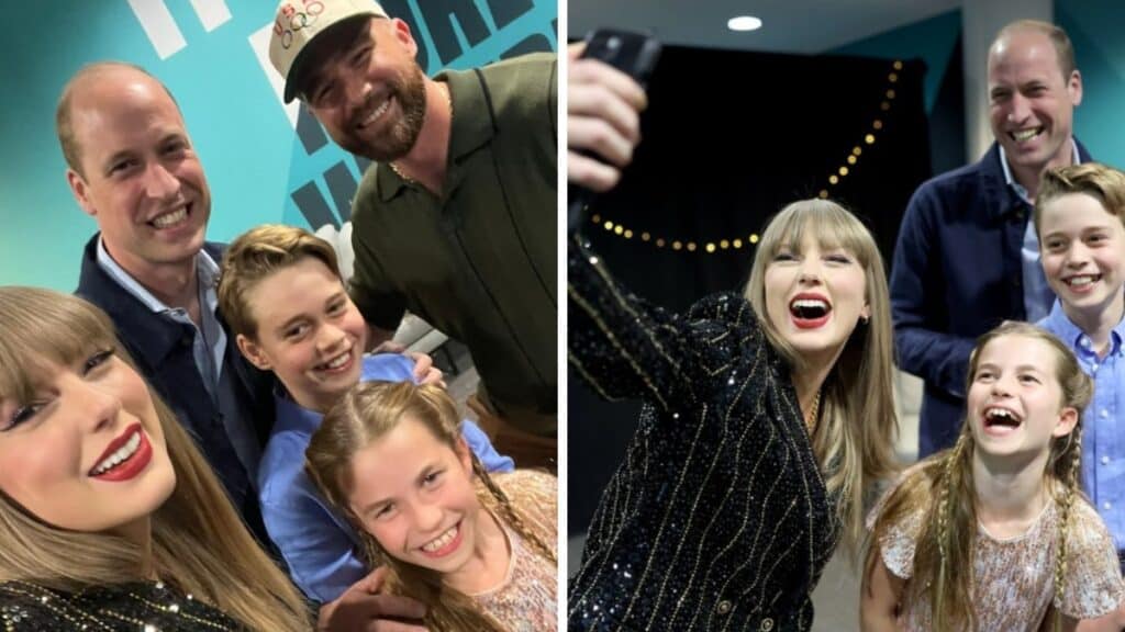 Taylor Swift takes a selfie with Prince William, Prince George, Princess Charlotte, and Travis Kelce (L), Taylor Swift takes a selfie with Prince William, Prince George, and Princess Charlotte (R)