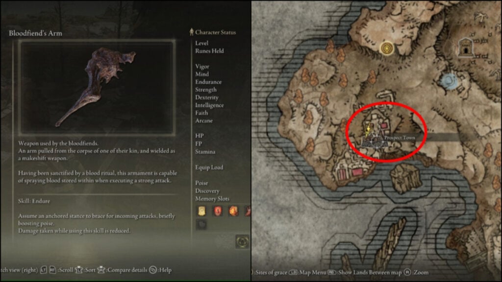 A map showing the location of the Bloodfiend Arm, as well as the weapon's stats