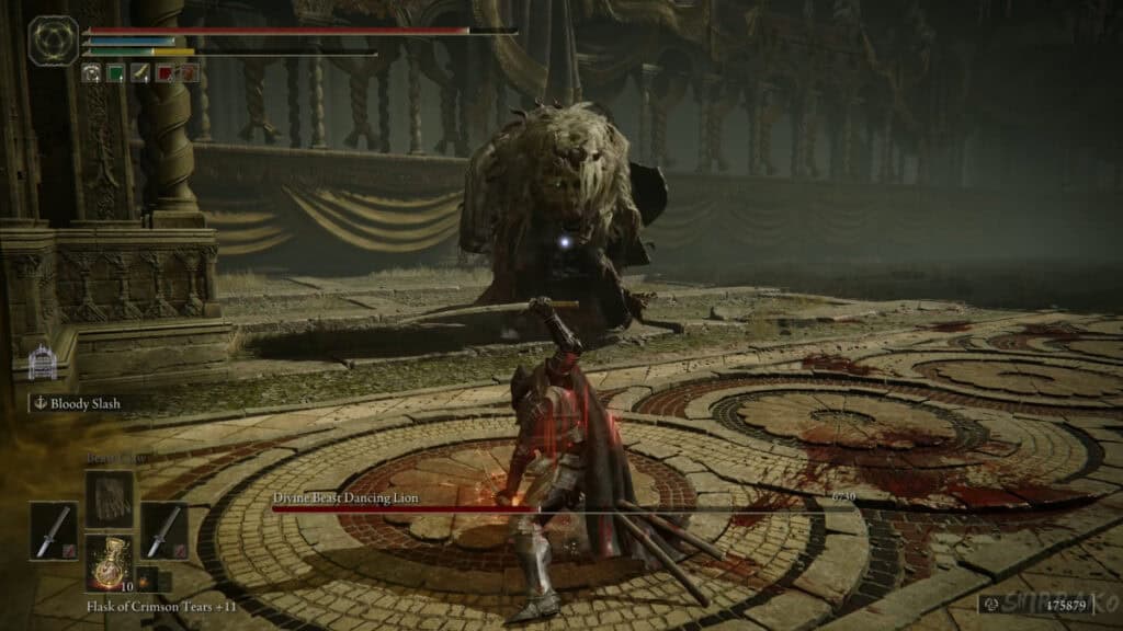The player faces off against the Divine Beast Dancing Lion in Shadow of the Erdtree