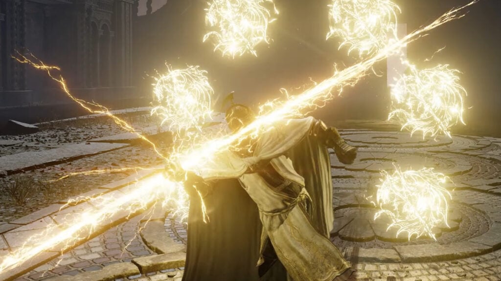 The player uses Knight's Lightning Spear, one of the best Incantations in Shadow of the Erdtree