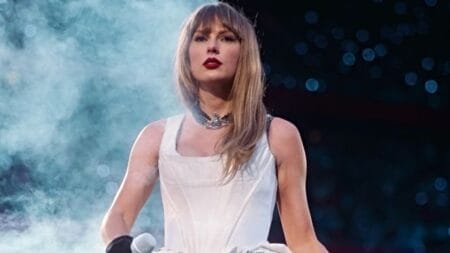 Taylor Swift on stage for an Eras tour concert