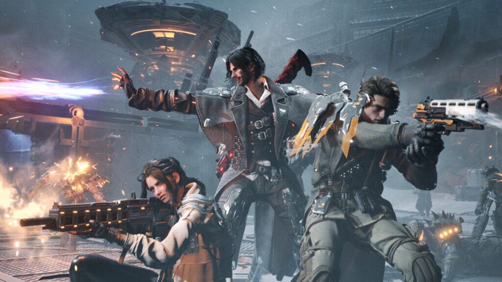 Three characters fire at their enemies during a World Mission in The First Descendant